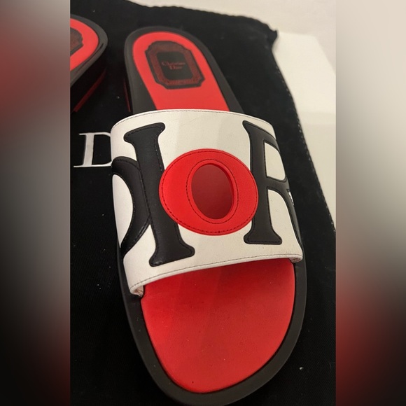 Christian Dior Red Black & White Leather Slides - Picture 6 of 8